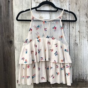 Lucky Brand Embroidered Mesh Neckline Tank